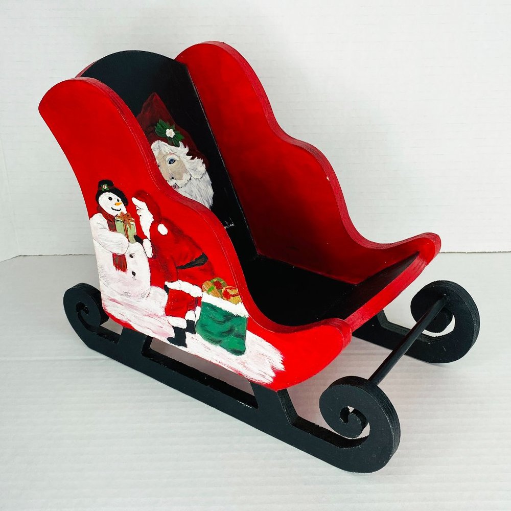 Wood Hand Painted Santa Sleigh Christmas Decor Table Plant Basket